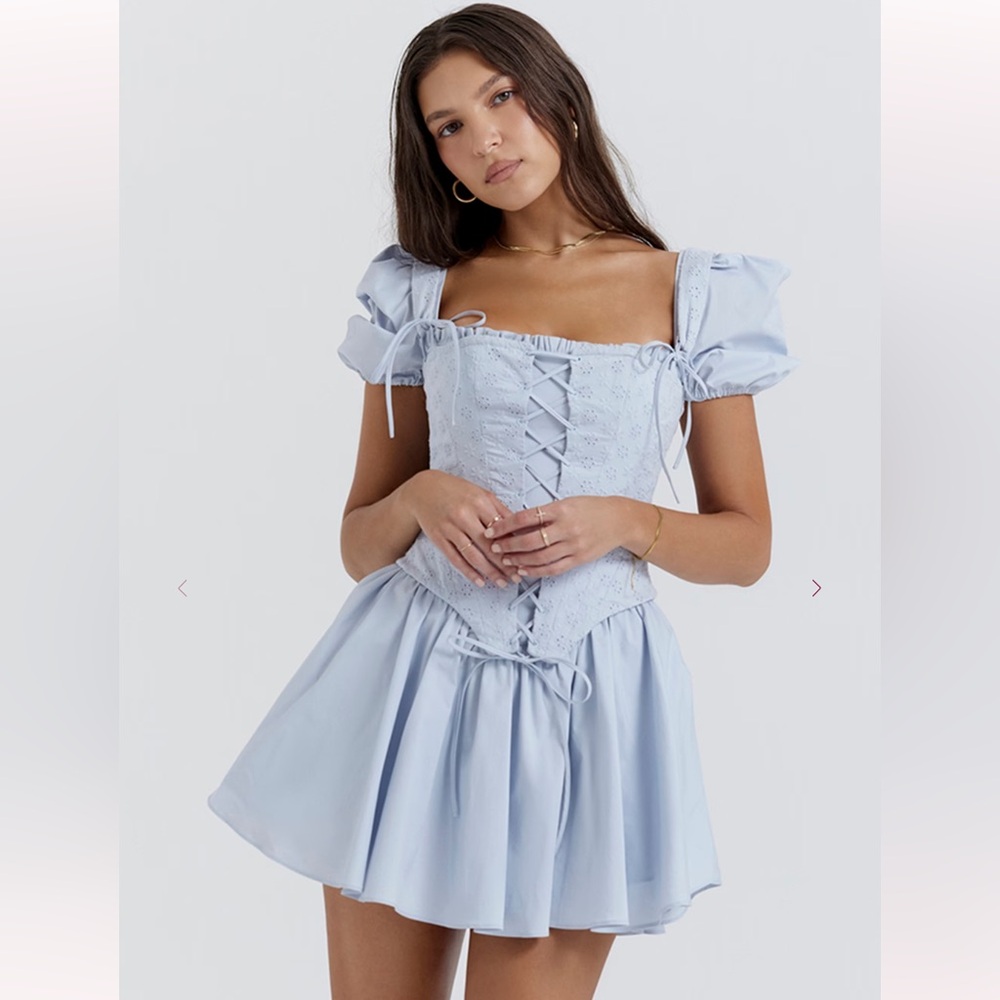 House of CB Maribel Soft Blue Broderie Corset Mini Dress